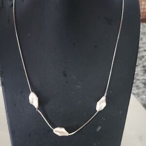 Vintage Silver Tone Necklace With Three Irregular Shaped Faux Pearls